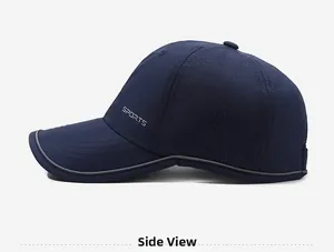 Side view of lightweight navy blue sports cap with mesh panel and reflective trim