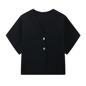 Detail eines schwarzen Strick-Cardigans mit tiefem V-Ausschnitt und zwei runden Goldknöpfen