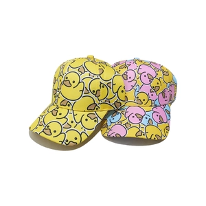 Cute cartoon yellow duck print baseball caps for women in yellow and pink canvas