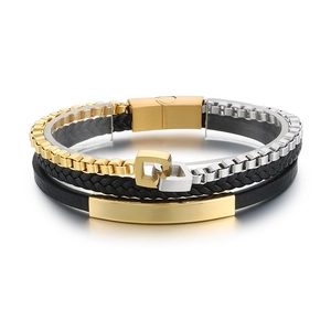 Multi-layer woven leather bracelet for men with magnetic clasp in black, gold and silver