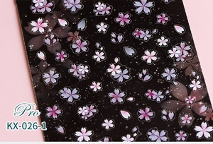 Close-up of cherry blossom nail stickers KX-026-1 with pink petals on black base