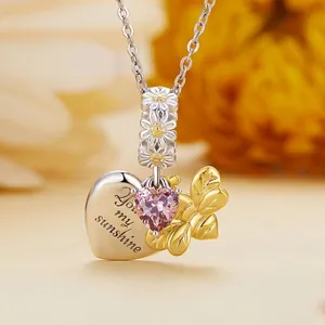Halskette aus 925er Silber mit Biene und Herz-Anhänger und Gravur You are my sunshine
