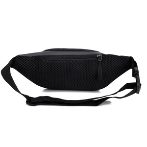 Rear view of waterproof black waist bag with breathable mesh back and adjustable buckle strap