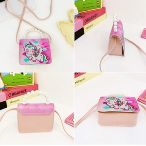 Pink unicorn kids crossbody bag with faux pearl handle and cartoon design shown in four views