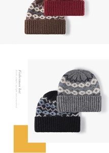 Close-up of thick knitted beanie with Nordic jacquard pattern and wide ribbed cuff edge