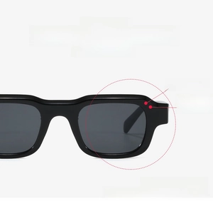 Detail view of black square frame sunglasses showing face-contouring design features