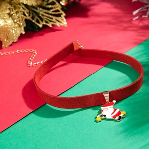 Christmas velvet choker necklace featuring Santa Claus pendant on red and green background