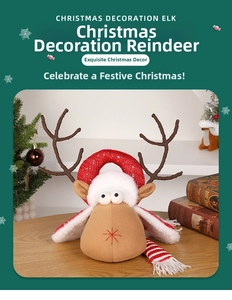 Detailed view of a Christmas elk plush with sequined ring and striped knit scarf on wood