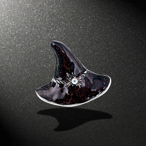 Glittery witch hat brooch with silver spider for Halloween jewelry collections