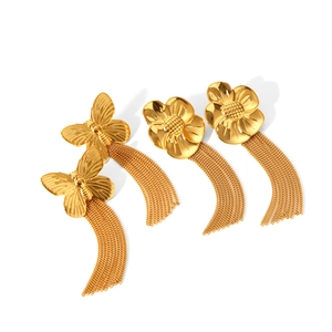 Luxury gold butterfly and sunflower tassel earrings in stainless steel on white background