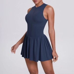 Abito da tennis blu navy con mezza zip e gonna a pieghe per corsa e fitness all'aperto