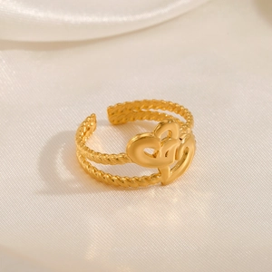 Minimalist double-layered 18K gold plated heart ring with twisted band and open design
