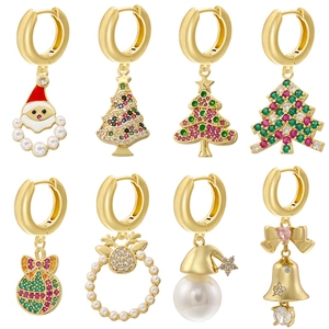 Christmas Earrings Brass Zircon Santa Claus Tree Bell Reindeer Huggie Hoop Jewelry Holiday Party For Women