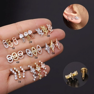 Stainless Steel Flat Back Labret Stud Ear Cartilage Piercing Jewelry Micro Pave Zircon Internal Thread Leaf Eye
