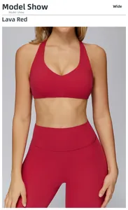 Front view of lava red brushed yoga bra and high waist leggings on studio model