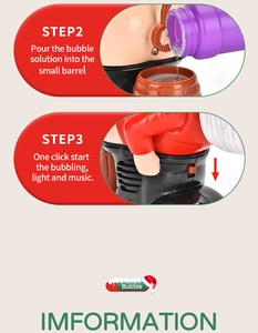 Close-up of Santa Claus bubble machine showing easy liquid filling and power switch steps