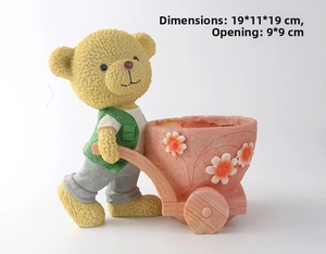 Dettaglio vaso in resina orsetto con carrello e dimensione apertura di 9x9cm