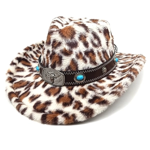 Leopard print faux fur cowboy hat with turquoise western bull head buckle detail