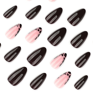 Glossy almond press-on nails featuring brown, pink, and black leopard print patterns