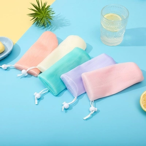 Detailed view of 5-pack colorful thickened nylon soap foaming nets with drawstring and toggle