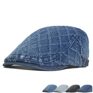 Vintage Washed Denim Beret Flat Cap Cotton Rhombic Stitching Adjustable Peaked Cap Casual British Style Men Women