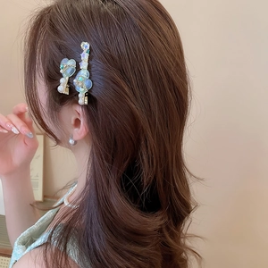 Détail de pinces à cheveux fleuries avec strass, gemmes bleues et perles sur le côté