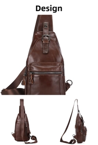Detail view of large capacity dark brown leather sling bag with adjustable nylon strap