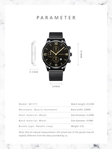 Detailed spec sheet for quartz watch with Roman numerals and stainless steel mesh strap