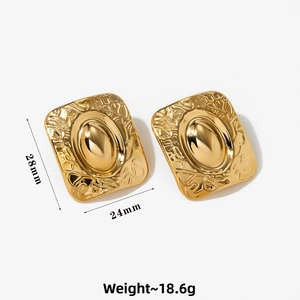 Detailed macro view of square gold textured earrings featuring lava-style relief patterns