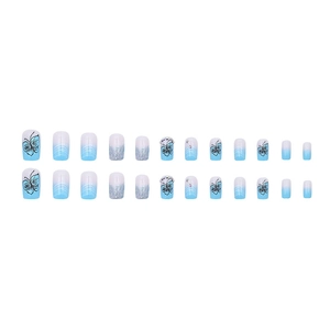 French blue butterfly press-on nails with glitter gradient and silver rhinestones set