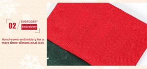 Detail of handcrafted 3D embroidery on festive red and green woven linen Christmas stockings