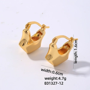 Detailed size view of golden geometric stainless steel earrings with polished finish