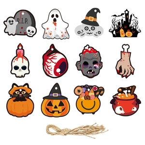 Set de 12 etiquetas de papel para Halloween con cuerda de yute para decoración