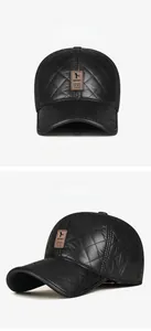 Detailed view of black quilted baseball cap with Sport patch and warm ear protection