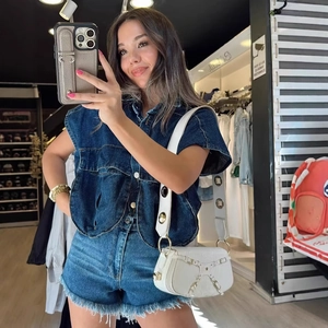 Veste En Jean Sans Manches Pour Femme Haut Cargo Boutonné Poche Couleur Unie Chemisier Décontracté