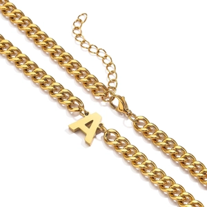 18K gold plated Cuban chain necklace with letter A pendant and lobster clasp closure