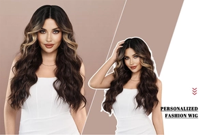 Detail of long wavy synthetic wig with brown and honey blonde highlights in T-part lace