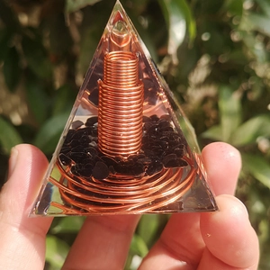 Handcrafted Orgone pyramid with copper spiral and black crushed crystals for home decor