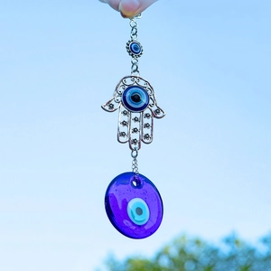 Evil Eye Hamsa Hand Hanging Ornament Turkish Nazar Protection Amulet Alloy Glass Wall Decor Blue Silver Ethnic