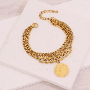 Bracelet triple rang en acier inoxydable avec pendentif pièce d'or pour femmes