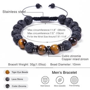 10mm tiger eye and lava stone beaded bracelet with adjustable braided cord and zircon