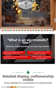 Detail of golden Christmas window clings showing PVC static adsorption on smooth glass surfaces