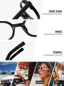 Detail view of round black frame glasses with durable hinges and comfortable nose pads