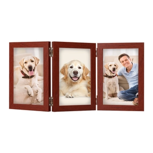 Three-frame folding wooden photo frame with dark mahogany texture in minimalist design