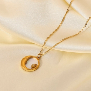 Gold 18K titanium steel necklace with natural mother of pearl moon and sun pendant