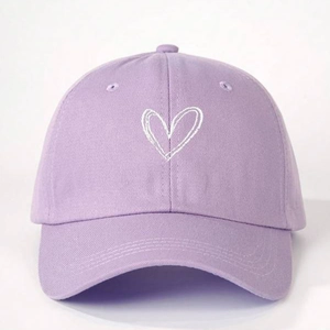 Adjustable light purple cotton baseball cap featuring a white heart embroidery design