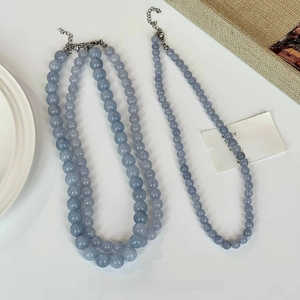 Collier Perles Rondes Pierre Naturelle Couleur Aigue-Marine Cristal Fermoir Alliage Élégante Chaîne De Clavicule Bijoux Minimalistes Pour Femmes