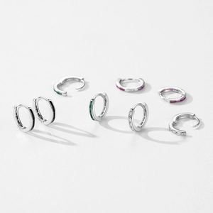 S925 sterling silver hoop earrings with colorful zircon stones in green, black and pink