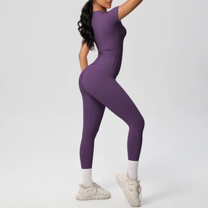 Detail view of the high-waist yoga set in deep purple fabric with professional matte finish