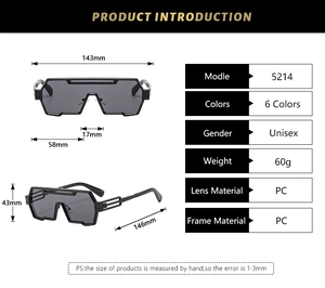 Detailed size chart of futuristic punk sunglasses showing dimensions and PC frame specs